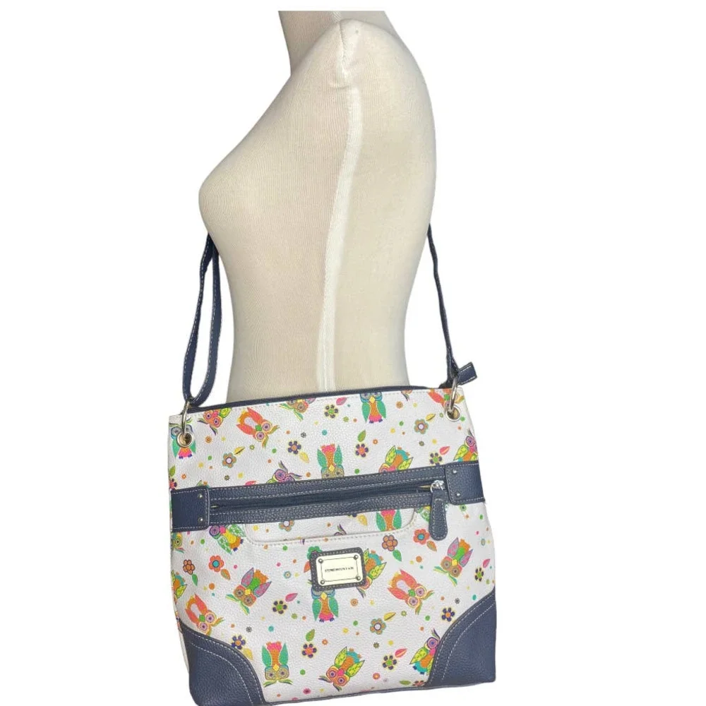 Stone Mountain Owl Print Navy and White Leather Crossbody - Picture 2 of 9